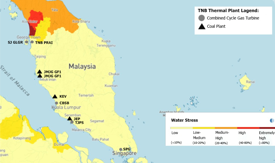 Water Stress Mapping based on Aqueduct by World Resources Institute and location of TNB Genco Thermal Power Plants